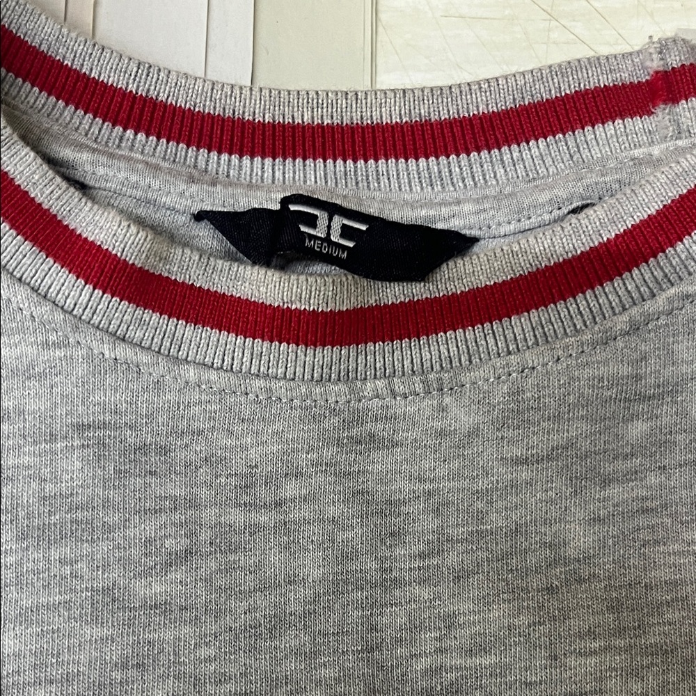 Classic Gray Crewneck Sweater with Red Accents